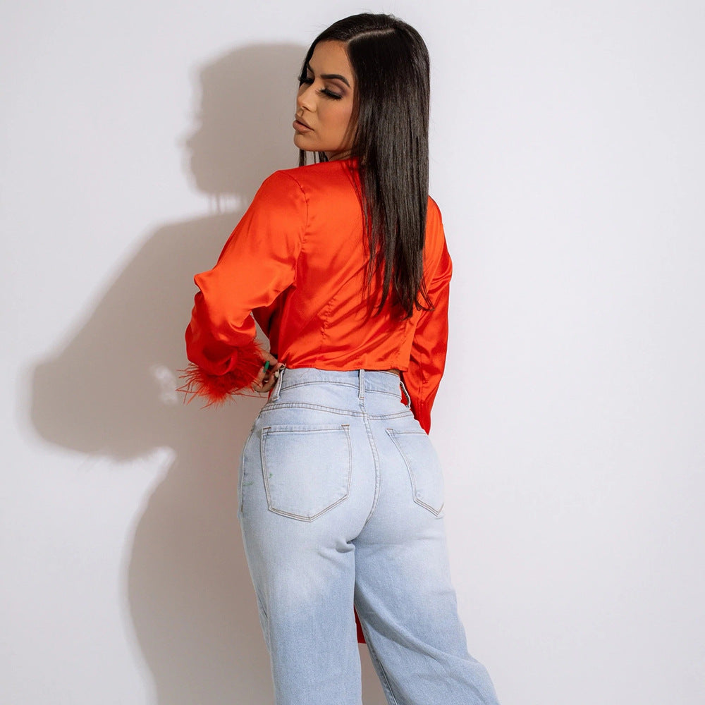 Camisa Cropped em Cetim Glamour Pluma