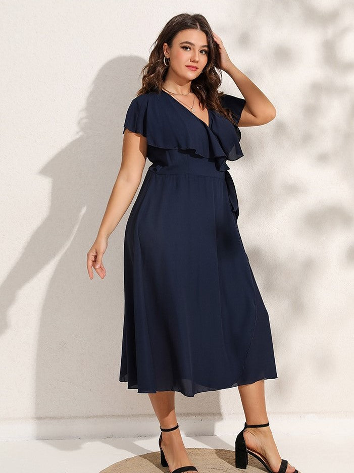 Vestido Midi Envelope Plus Size Manga Plissada Salete